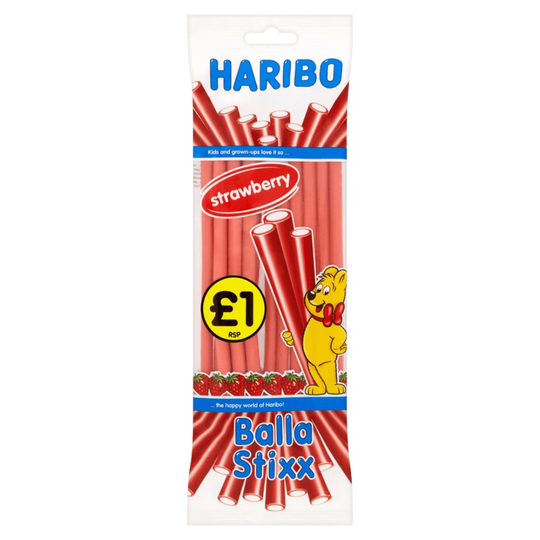 Haribo Balla Stixx Strawberry Pre Priced British 12x140g-min Haribo Balla Stixx Strawberry Pre Priced British 12x140g-min
