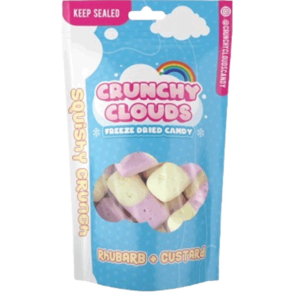 Crunchy Clouds Squishy Crunch Squashies Rhubarb & Custard British Peg Bag 10x50g