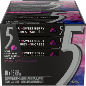 Wrigley's 5 Chewing Gum Sugar Free Sour Sweet Berry Fifteen Sticks 10