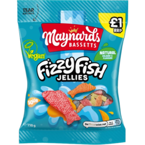 Maynards Bassetts Fizzy Fish Jellies Price Marked British Peg Bag 12x110g