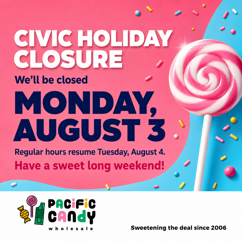 Civic Holiday closure. We will be closed Monday, August 3. Regular hours resume Tuesday, August 4. Have a sweet long weekend!